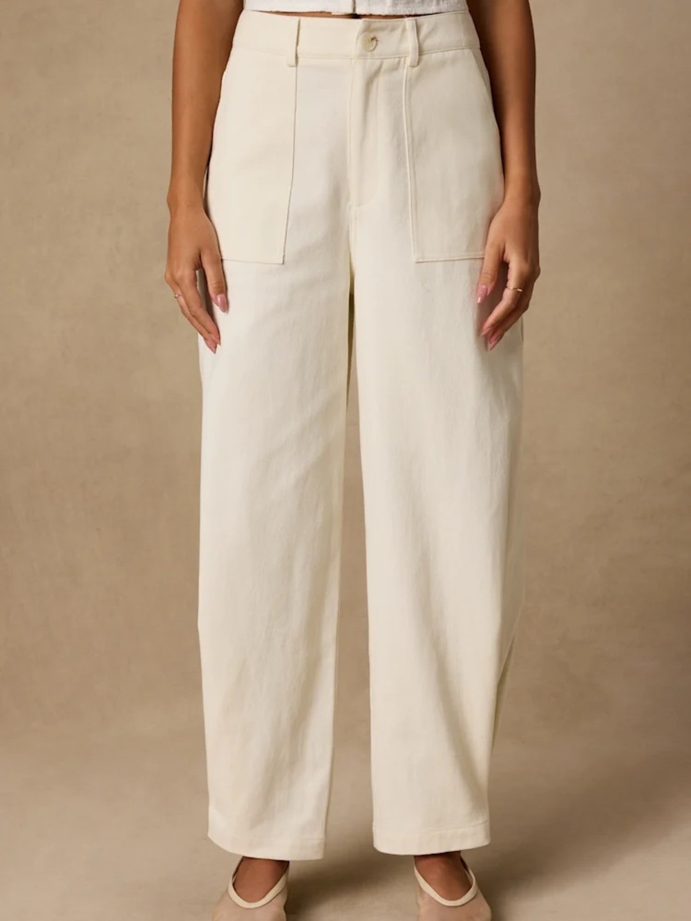 NWT Lulus Merritt Cream Twill Barrel Leg Pants - Picture 2 of 4